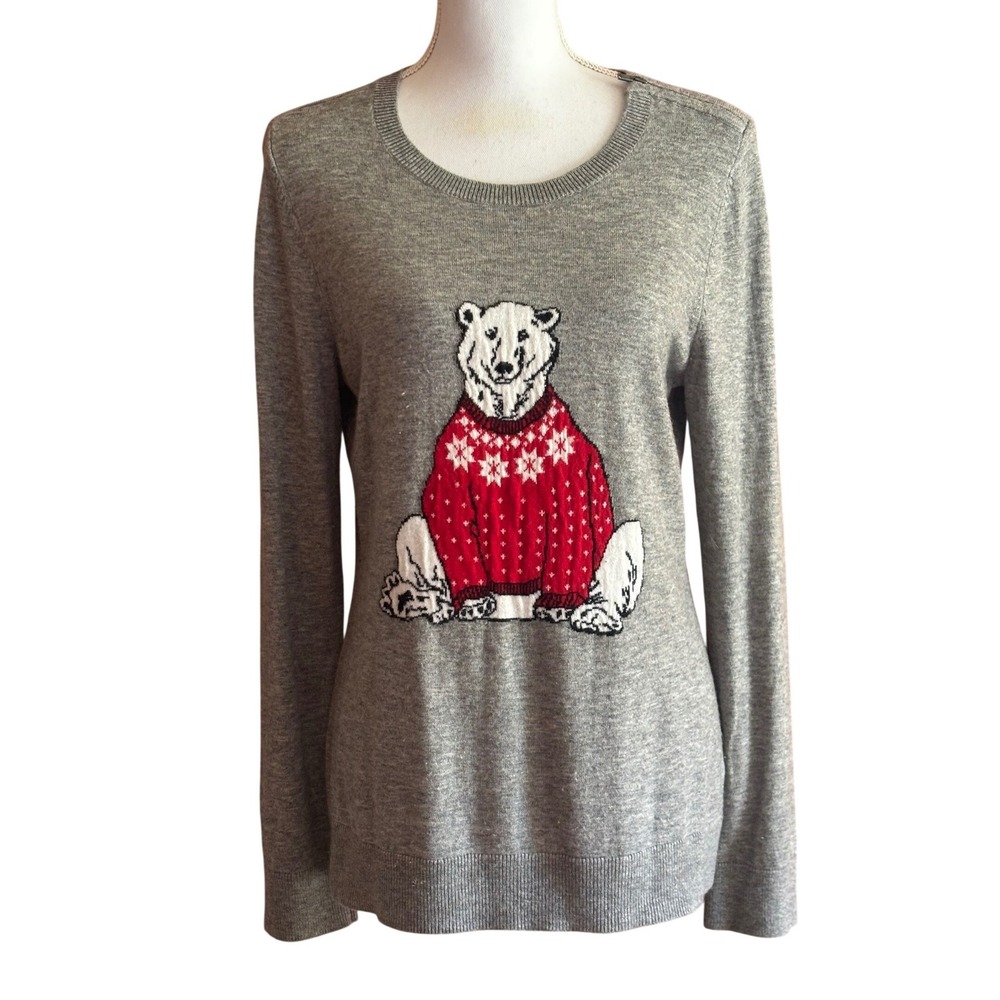 Talbots M Gray Polar Bear Lambswool Blend Sweater Fair Isle Ski Lodge Holiday